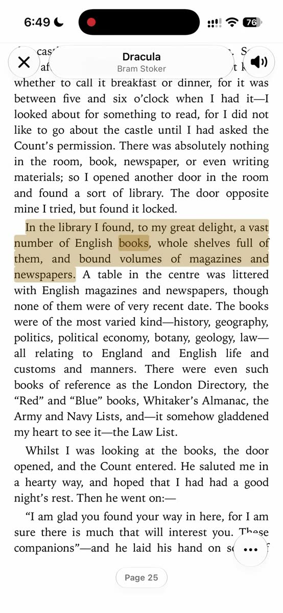Screen recording of LightReadr on iPhone 17 Pro, reading a page of Dracula aloud with the current sentence highlighted